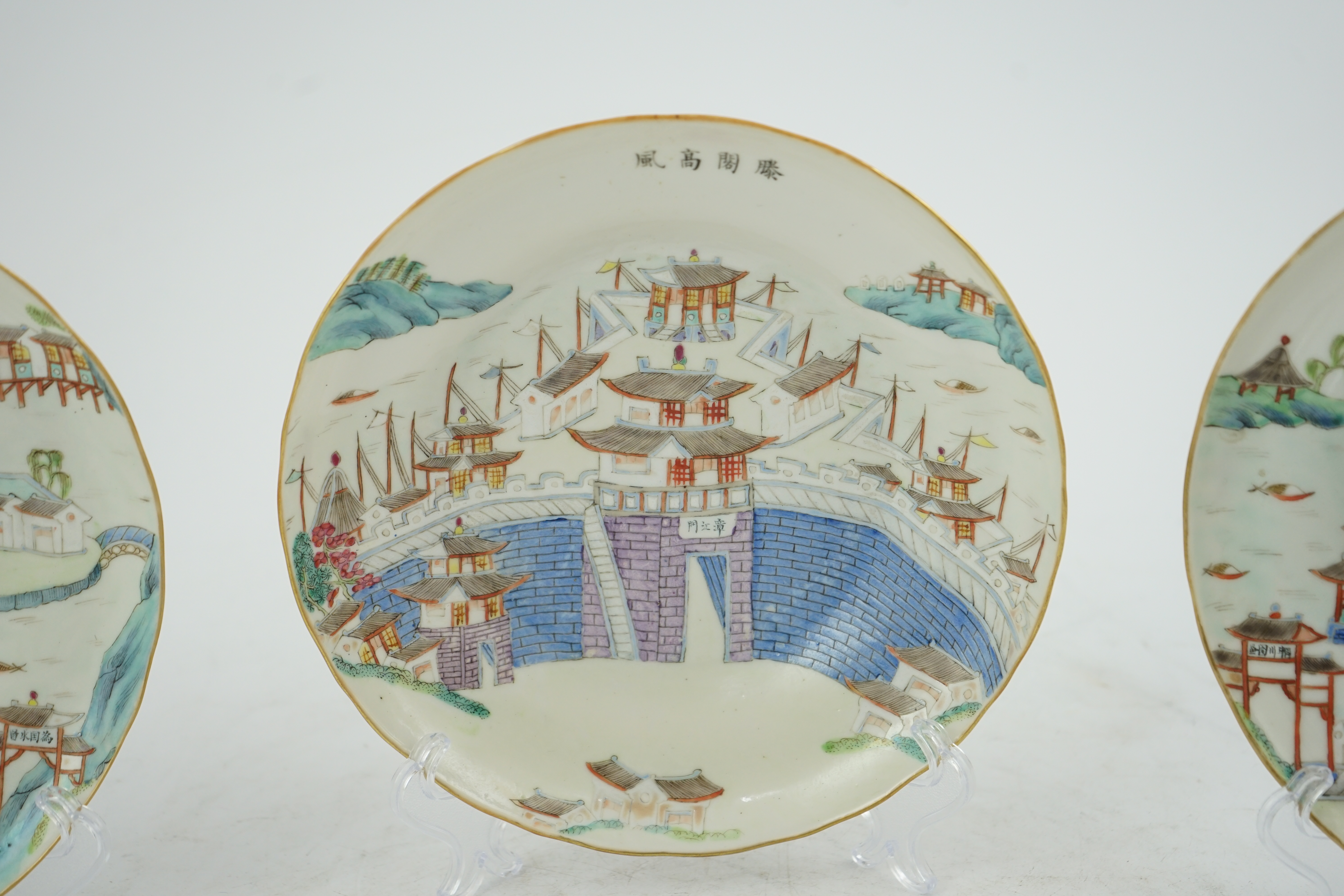 A set of five Chinese enamelled porcelain ‘pavilion’ dishes, Daoguang mark and period (1821-50)